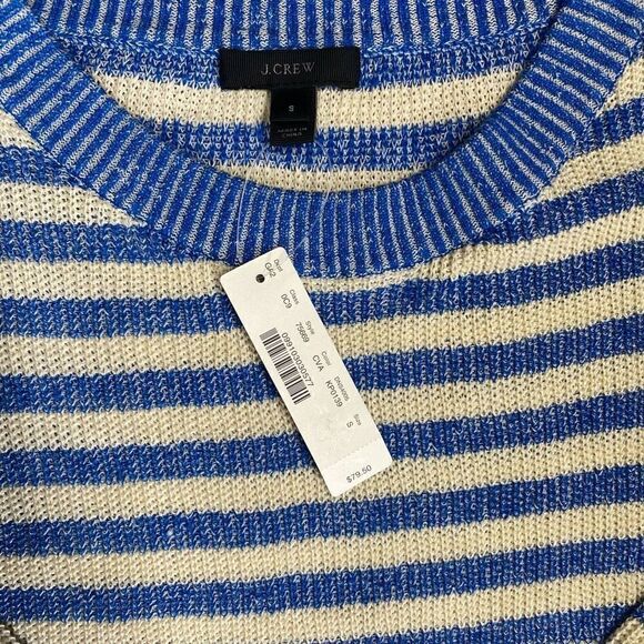 J.crew women’s heather stripe sweater blue off white linen blend new - Picture 3 of 11